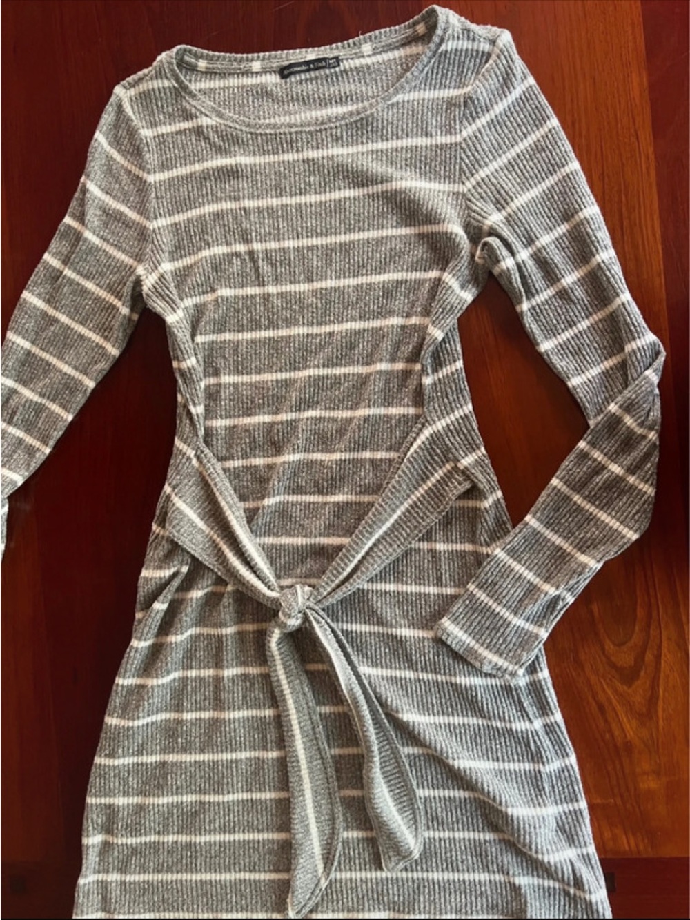 Abercrombie & Fitch Grey Striped Ribbed Tie-Front Mini Dress - Medium Tall (MT)